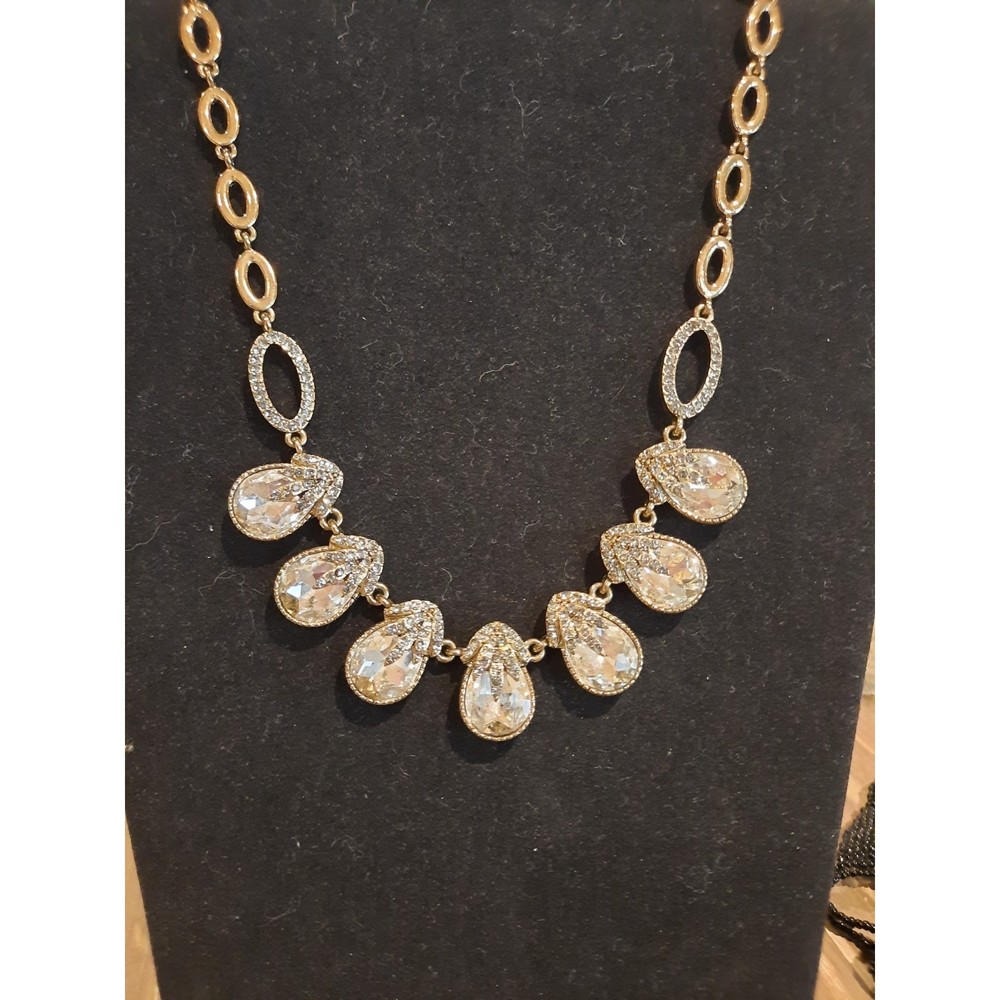 Natasha Teardrop and Rhinestone Necklace, Wedding Necklace, Gold Tone
